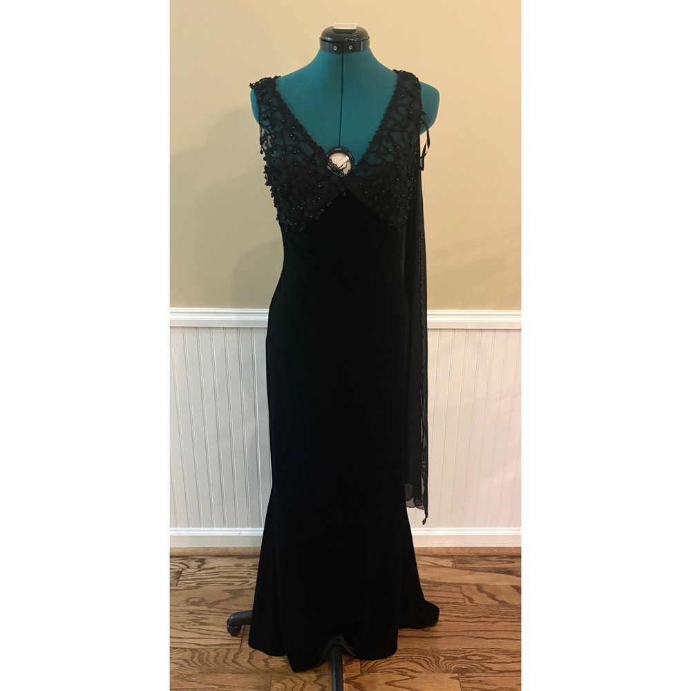 Papell Boutique Evening Black Beaded Formal Gown Dress Womens  6 Vintage Elegant
